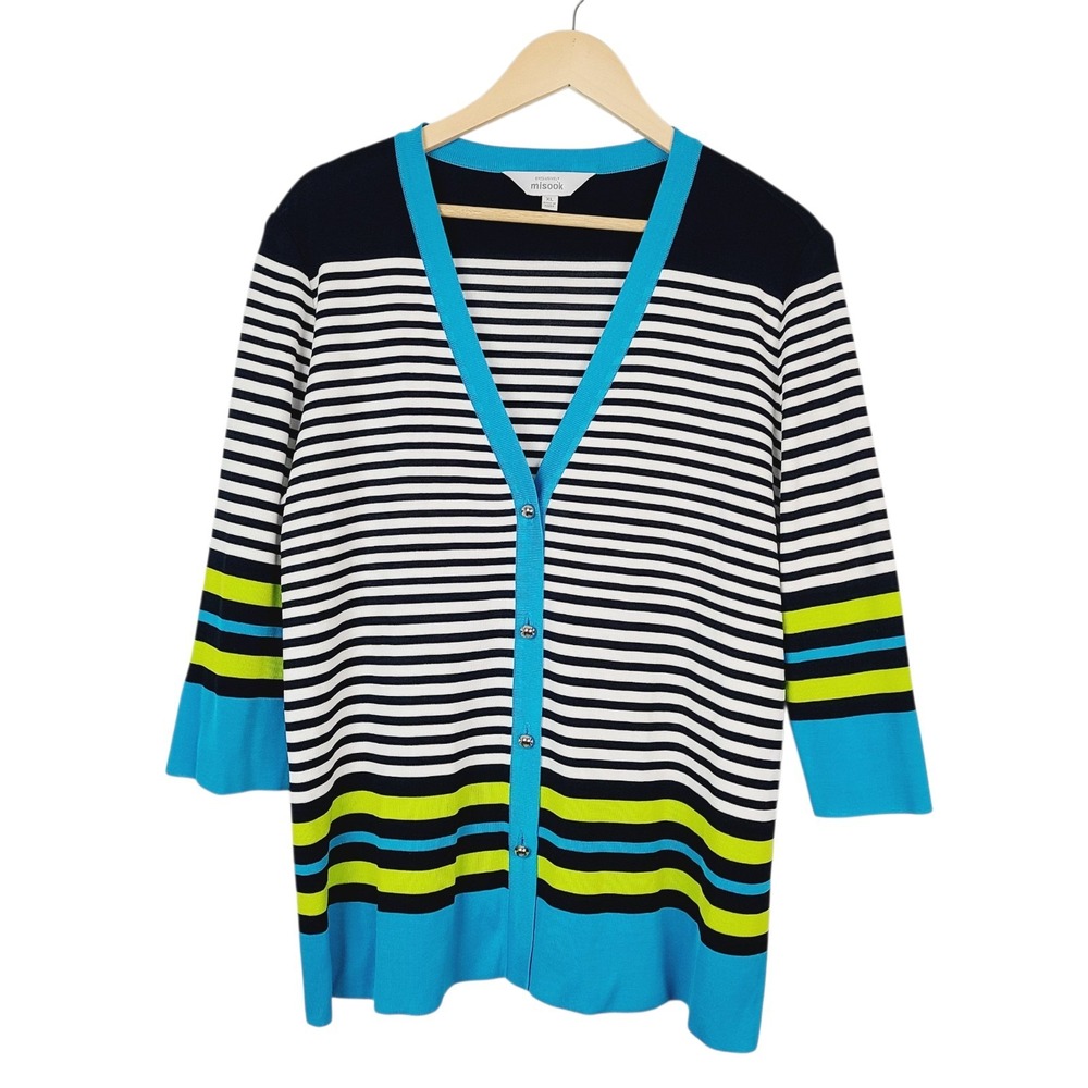 Misook Stripe Cardigan Sweater V Neck Button Front 3/4‎ Sleeve Colorful Multi XL